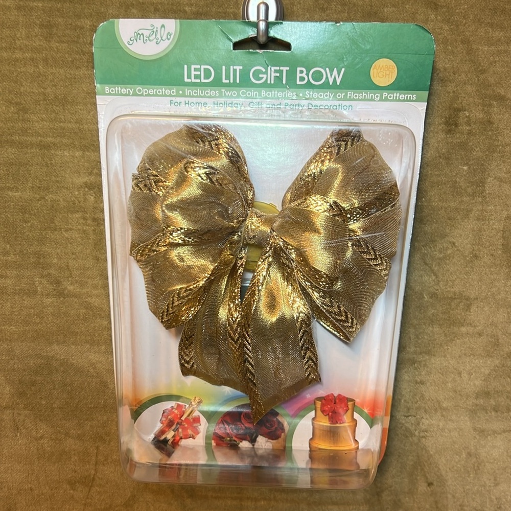 Meilo Creation Gold Led Light Up Gift Bow Amber Light Holiday Party Decor NIB